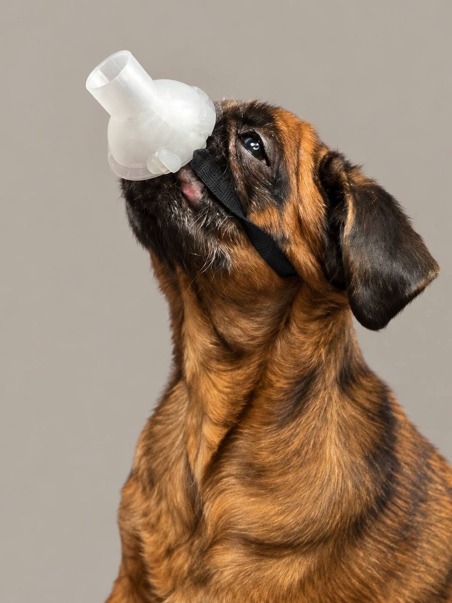 Собака с уплощенной мордой в маске oxypets